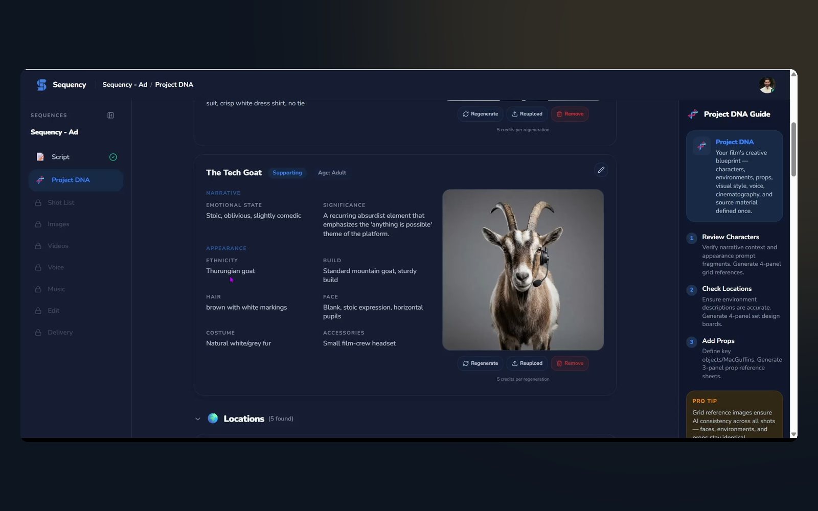 Sequency Project DNA screen with a character sheet