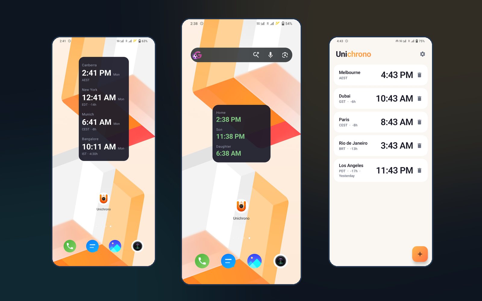 Unichrono widgets and city list on a phone home screen